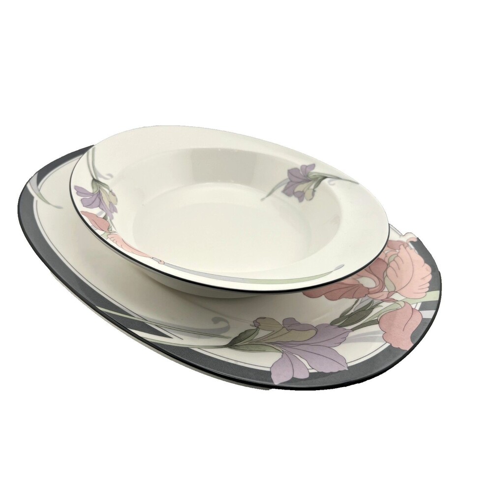 Vtg Noritake New Decade 2pc Serving Platter & Bowl Cafe du Soir Pink Purple Iris